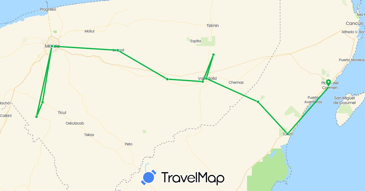 TravelMap itinerary: bus, plane in Mexico (North America)